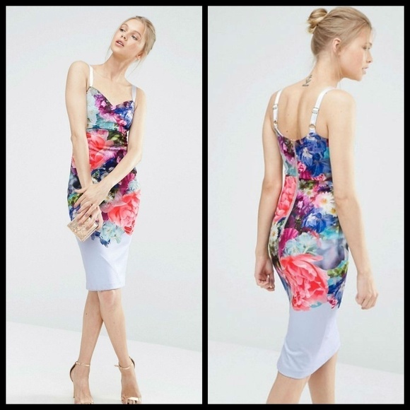 💕TED BAKER💕 Floral Bouquet Bodycon Midi Dress TB2 = US 6 NWT - Picture 1 of 12